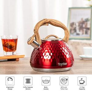 Tea Kettle, Toptier Teapot Whistling Kettle with Wood Pattern Handle Loud Whistle, Food Grade Stainless Steel Tea Pot for Stovetops Induction Diamond Design Water Kettle, 2.7-Quart Red