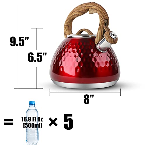 Tea Kettle, Toptier Teapot Whistling Kettle with Wood Pattern Handle Loud Whistle, Food Grade Stainless Steel Tea Pot for Stovetops Induction Diamond Design Water Kettle, 2.7-Quart Red