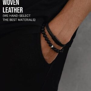 LUXAR Men’s Genuine Interwoven Black Leather Braided Bracelet | Brushed Black Stainless Steel Clasp | Large (7-7½ Inch Wrist) | Male Jewelry