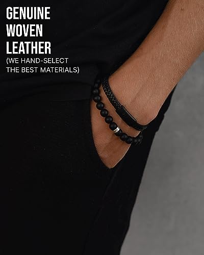 LUXAR Men’s Genuine Interwoven Black Leather Braided Bracelet | Brushed Black Stainless Steel Clasp | Large (7-7½ Inch Wrist) | Male Jewelry