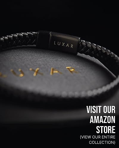 LUXAR Men’s Genuine Interwoven Black Leather Braided Bracelet | Brushed Black Stainless Steel Clasp | Large (7-7½ Inch Wrist) | Male Jewelry