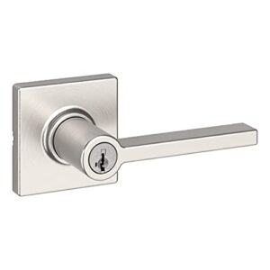 kwikset casey entry door handle with lock and key, secure keyed reversible lever exterior, for front entrance and bedrooms, satin nickel, pick resistant smartkey rekey security and microban