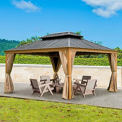 12’ x 16’ Hardtop Gazebo Outdoor Aluminum Wood Grain Gazebos with Galvanized Steel Double Canopy for Patios Deck Backyard,Curtains&Netting by domi outdoor living