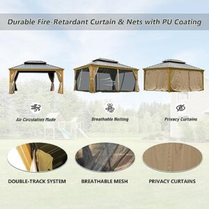 12’ x 16’ Hardtop Gazebo Outdoor Aluminum Wood Grain Gazebos with Galvanized Steel Double Canopy for Patios Deck Backyard,Curtains&Netting by domi outdoor living