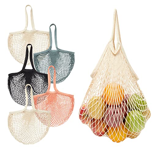 6 Pack Reusable Cotton Mesh Grocery Bags for Produce, Fruit, Vegetables, Net String Shopping Totes (4 Colors)