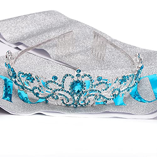 Araluky Blue Birthday Sash and Tiara for Women Glitter Birthday Queen Sash and Tiara for Women with Comb Birthday Queen Sash & Rhinestone Tiara Set Happy Birthday Crowns for Women Girls Birthday Decorations Hair Accessories Party Cake Topper