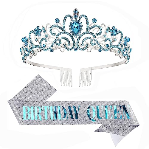 Araluky Blue Birthday Sash and Tiara for Women Glitter Birthday Queen Sash and Tiara for Women with Comb Birthday Queen Sash & Rhinestone Tiara Set Happy Birthday Crowns for Women Girls Birthday Decorations Hair Accessories Party Cake Topper