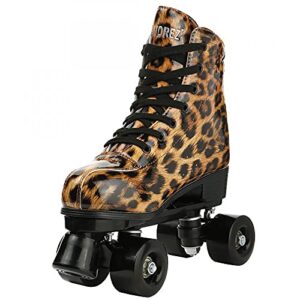 yyw roller skates for women cozy stylish leopard pu leather high-top roller skate shoes for beginner, indoor outdoor double-row roller skates with shoes bag (leopard brown black wheel,40)