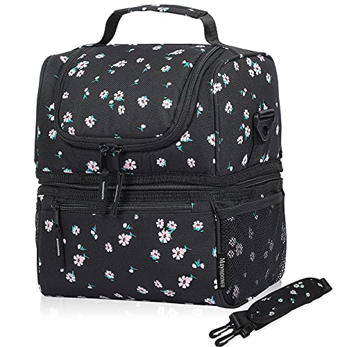 Insulated Lunch Box - 2 Compartment Large Adult Lunch Bag with Sturdy Support & Adjustable Shoulder Strap, Mens Womens Reusable Leakproof lunch Cooler Bags for Work, Beach, Picnic (Floral)