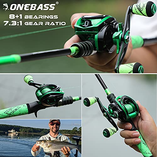 One Bass Fishing Rod and Reel Combo, Baitcasting Combo with SuperPolymer Handle- Green-1.8M -Right Handed