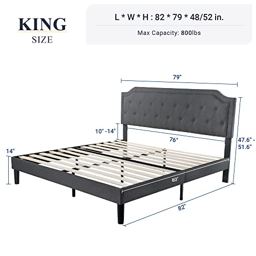 Allewie Upholstered King Size Platform Bed Frame with Adjustable and Curved Corner Design Headboard, Easy Assembly, No Box Spring Required, Dark Grey