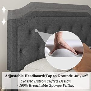 Allewie Upholstered King Size Platform Bed Frame with Adjustable and Curved Corner Design Headboard, Easy Assembly, No Box Spring Required, Dark Grey