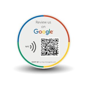 messagenes | review us on google qr code stickers | reusable smart qr code and nfc | 1 round unit | easy reviews | modify link whenever you want | google decal for business | premium materials