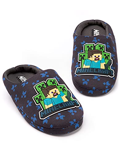 Minecraft Slippers Boys Kids Blue Creeper vs Zombie TNT House Shoes 2.5 US