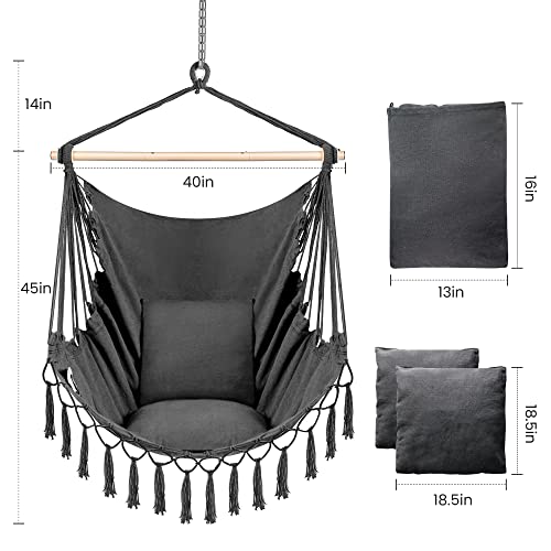 PUREKEA Oversized Hammock Chair with Hanging Hardware Kit, Swing Chair for Indoor & Outdoor, Max 250 Lbs, Include Carry Bag & Two Soft Seat Cushions (Grey)