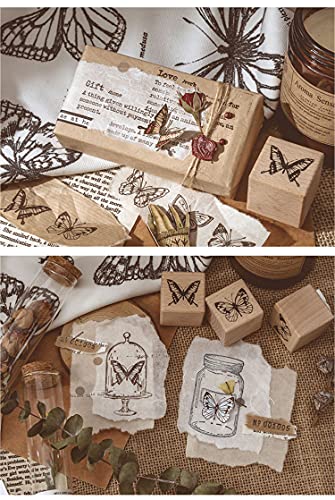 Tvoip 16 Pcs Wooden Rubber Stamp Set, Vintage Butterfly Scrapbooking Stamps Junk Journal DIY Craft Wooden Rubber Stamps Set for Scrapbook Album Diary Seal Stamps