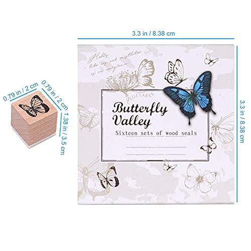 Tvoip 16 Pcs Wooden Rubber Stamp Set, Vintage Butterfly Scrapbooking Stamps Junk Journal DIY Craft Wooden Rubber Stamps Set for Scrapbook Album Diary Seal Stamps