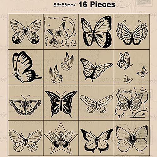 Tvoip 16 Pcs Wooden Rubber Stamp Set, Vintage Butterfly Scrapbooking Stamps Junk Journal DIY Craft Wooden Rubber Stamps Set for Scrapbook Album Diary Seal Stamps