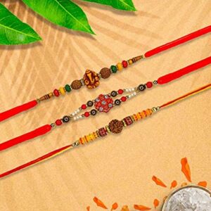 Gifts Set of 3 Rakhi Bracelet for Brother Bhai Rakshabandhan Rakhee Thread, Raksha Bandhan Festival Rakhi for Bhaiya n Bhabhi, Indian Designer Latest Rakhi for Bhai Thread Bracelets