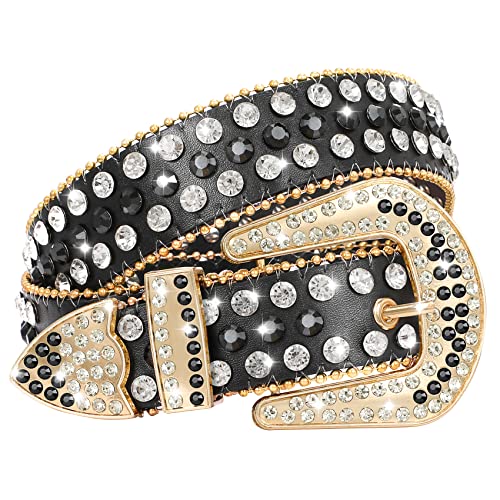 WHIPPY Women Rhinestones Leather Belt Bling Studded Western Cowgirl Waist Belt for Jeans Pants,S,Black