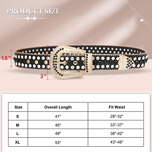 WHIPPY Women Rhinestones Leather Belt Bling Studded Western Cowgirl Waist Belt for Jeans Pants,S,Black