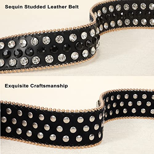 WHIPPY Women Rhinestones Leather Belt Bling Studded Western Cowgirl Waist Belt for Jeans Pants,S,Black