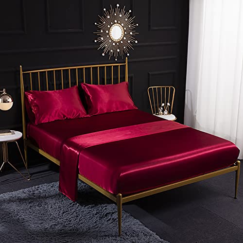 Thmyo Satin Bed Sheet Set,Extra Soft Deep Pocket Silky Satin Sheet Set with 1 Fitted Sheet +1 Flat Sheet + 2 Pillow Cases (4-Piece Wine red, Queen)