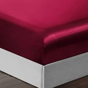 Thmyo Satin Bed Sheet Set,Extra Soft Deep Pocket Silky Satin Sheet Set with 1 Fitted Sheet +1 Flat Sheet + 2 Pillow Cases (4-Piece Wine red, Queen)