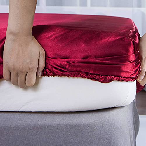 Thmyo Satin Bed Sheet Set,Extra Soft Deep Pocket Silky Satin Sheet Set with 1 Fitted Sheet +1 Flat Sheet + 2 Pillow Cases (4-Piece Wine red, Queen)