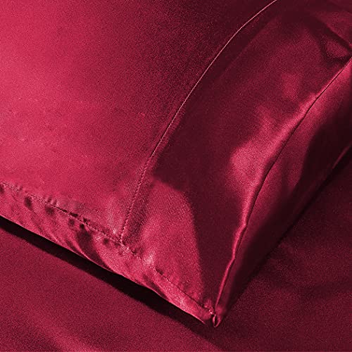 Thmyo Satin Bed Sheet Set,Extra Soft Deep Pocket Silky Satin Sheet Set with 1 Fitted Sheet +1 Flat Sheet + 2 Pillow Cases (4-Piece Wine red, Queen)