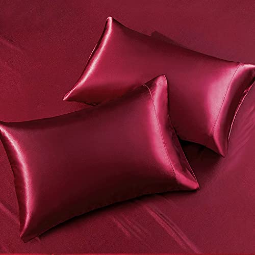 Thmyo Satin Bed Sheet Set,Extra Soft Deep Pocket Silky Satin Sheet Set with 1 Fitted Sheet +1 Flat Sheet + 2 Pillow Cases (4-Piece Wine red, Queen)