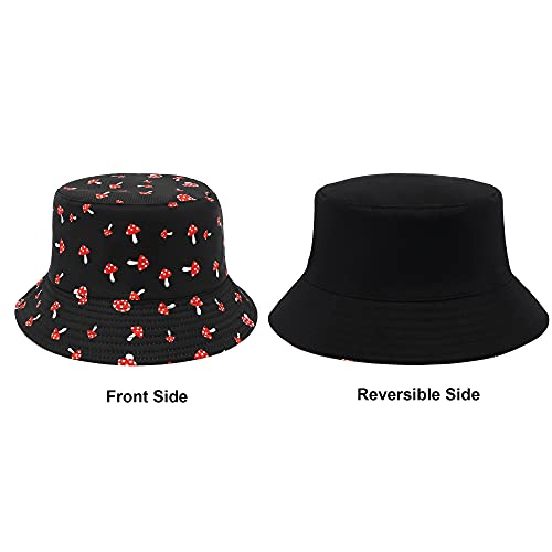Mimfutu Reversible Womens Bucket Hat, Summer Fashion Fisherman Beach Sun Hats (Mushroom Black)