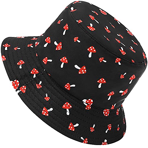 Mimfutu Reversible Womens Bucket Hat, Summer Fashion Fisherman Beach Sun Hats (Mushroom Black)