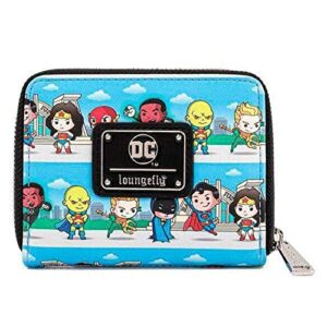 Loungefly DC Superheroes Chibi Lineup Faux Leather Zip Around Wallet, Cute Wallets Fashion Accessories, 5.5 Inches