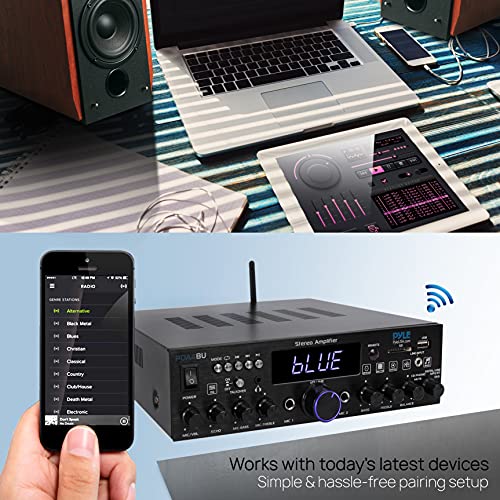 Pyle Wireless Bluetooth Home Stereo Amplifier - Multi-Channel 200W Power Amplifier Home Audio Receiver System w/Optical/Phono/Coaxial, FM Radio, USB/SD,AUX,RCA, Mic in - Antenna, Remote - PDA4BU.5