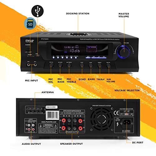 Pyle 300W Digital Stereo Receiver System - AM/FM Qtz. Synthesized Tuner, USB/SD Card MP3 Player & Subwoofer Control, A/B Speaker, iPod/MP3 Input w/Karaoke, Cable & Remote Sensor - Pyle PT270AIU.5