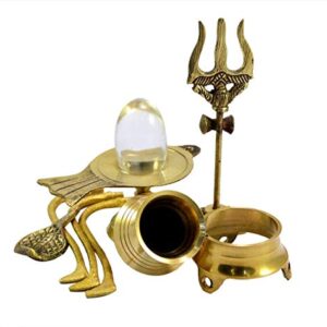 Radhna Indian Traditional Crystal Shaligram Shiva Shivling Statue Brass Stand (Gold) Crystal Shiva Lingam with Shiv Trishul Tripai Stand Shiv ling Murti Sculpture with Brass (Size_22 x 12 x 7 cm)