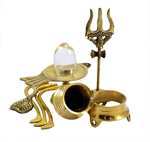 Radhna Indian Traditional Crystal Shaligram Shiva Shivling Statue Brass Stand (Gold) Crystal Shiva Lingam with Shiv Trishul Tripai Stand Shiv ling Murti Sculpture with Brass (Size_22 x 12 x 7 cm)