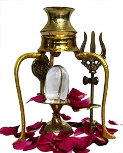 radhna indian traditional crystal shaligram shiva shivling statue brass stand (gold) crystal shiva lingam with shiv trishul tripai stand shiv ling murti sculpture with brass (size_22 x 12 x 7 cm)