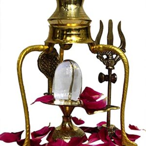 Radhna Indian Traditional Crystal Shaligram Shiva Shivling Statue Brass Stand (Gold) Crystal Shiva Lingam with Shiv Trishul Tripai Stand Shiv ling Murti Sculpture with Brass (Size_22 x 12 x 7 cm)