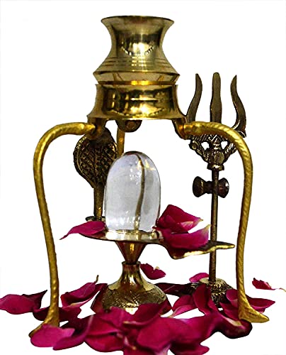 Radhna Indian Traditional Crystal Shaligram Shiva Shivling Statue Brass Stand (Gold) Crystal Shiva Lingam with Shiv Trishul Tripai Stand Shiv ling Murti Sculpture with Brass (Size_22 x 12 x 7 cm)