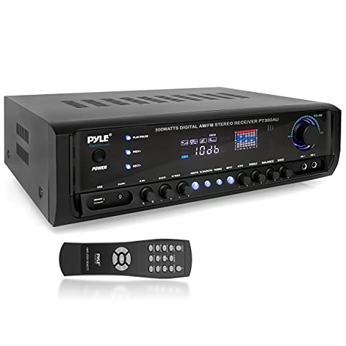 Pyle Home Audio Power Amplifier System - 300W 4 Channel Theater Power Stereo Sound Receiver Box Entertainment w/USB, RCA, AUX, Mic w/Echo, LED, Remote - for Speaker, iPhone, PA, Studio - PT390AU.5