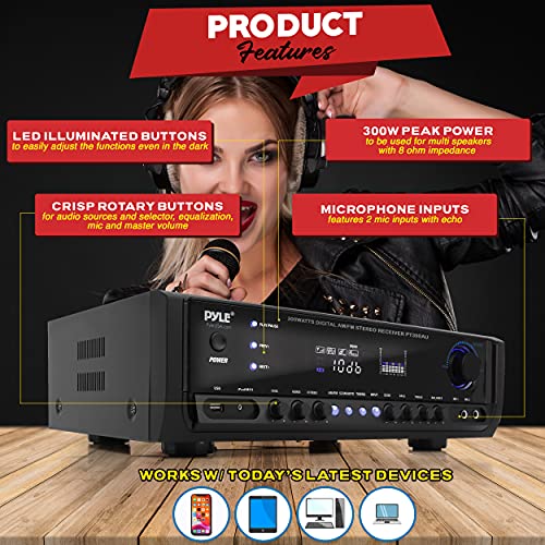 Pyle Home Audio Power Amplifier System - 300W 4 Channel Theater Power Stereo Sound Receiver Box Entertainment w/USB, RCA, AUX, Mic w/Echo, LED, Remote - for Speaker, iPhone, PA, Studio - PT390AU.5