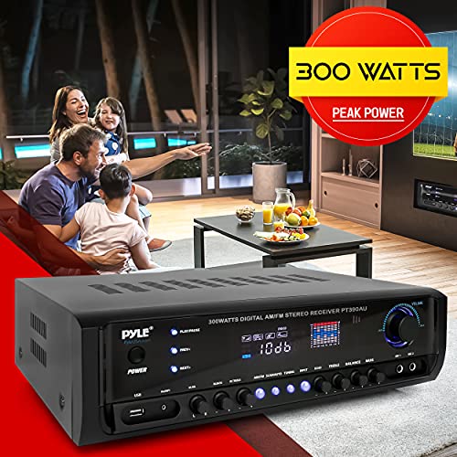 Pyle Home Audio Power Amplifier System - 300W 4 Channel Theater Power Stereo Sound Receiver Box Entertainment w/USB, RCA, AUX, Mic w/Echo, LED, Remote - for Speaker, iPhone, PA, Studio - PT390AU.5