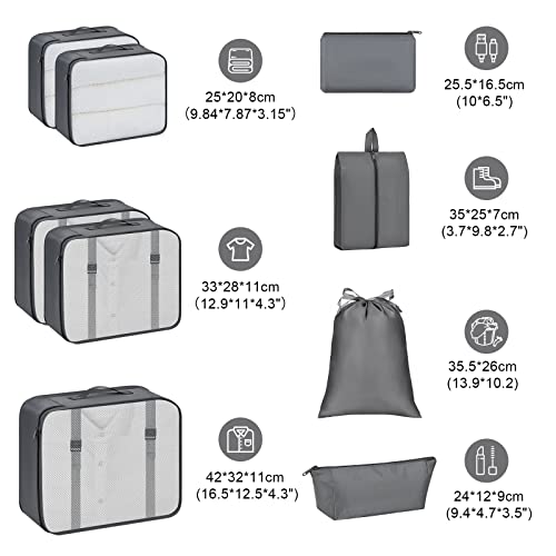 DIMJ Travel Cubes for Luggage, Lightweight Packing Cubes for Suitcases Carry On, Mesh Packing Cubes Luggage Cubes for Packing With Makeup Bag and Laundry Bag, 9 Pack (Grey)