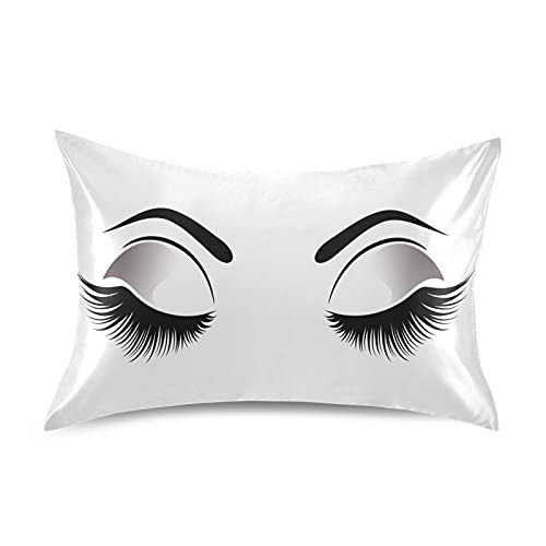 xigua Silk Satin Pillowcase for Hair and Skin,Black Fluffy Eyelashes with Closed Eyes Slip Pillow Cases,Satin Cooling Pillow Covers with Envelope Closure Queen Size 20x30 in