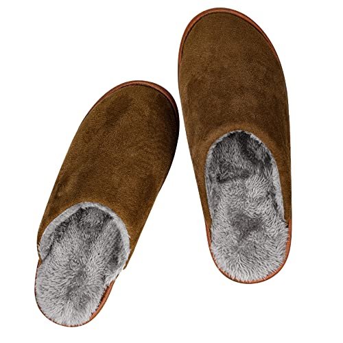 riemot Men's Women's Furry Warm Slippers, Memory Foam Slippers Comfortable Closed Toe House Slippers Shoes Anti slip Sandals Lightweight Winter Indooor Slippers Brown EU 44-45