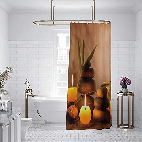 Renaiss 71x71 Inch Spa Zen Shower Curtain Basalt Stones Candle Bamboo Leaves Vintage Bath Curtain Meditation Relaxing Bathroom Cloth Fabric Bathroom Decor Set with Hooks Waterproof