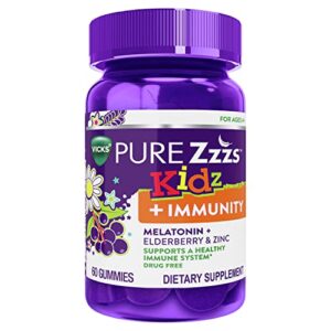 zzzquil vicks pure kidz + immunity, melatonin sleep aid gummies for kids and children, zinc for immune support, low dose melatonin, berry flavored, 60 gummies