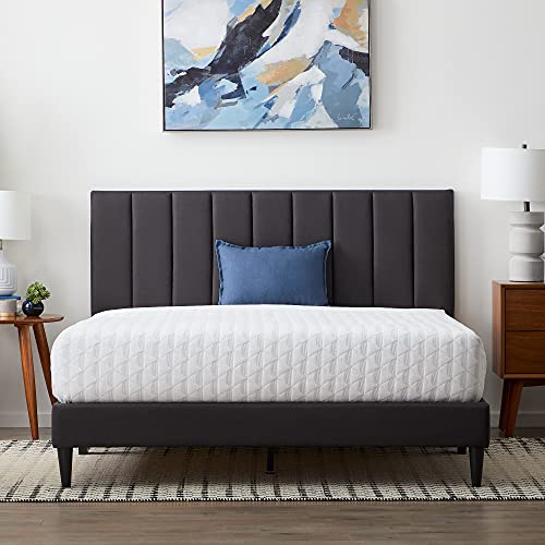 Lucid California King Bedframe with Vertical Channeled Headboard — Upholstered Platform Bed — Easy Assembly — California King Size — No Box Spring Needed — Charcoal Color